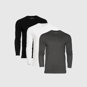 Core Long Sleeve Crew Neck T-Shirt 3-Pack displayed in black, white, and dark gray.